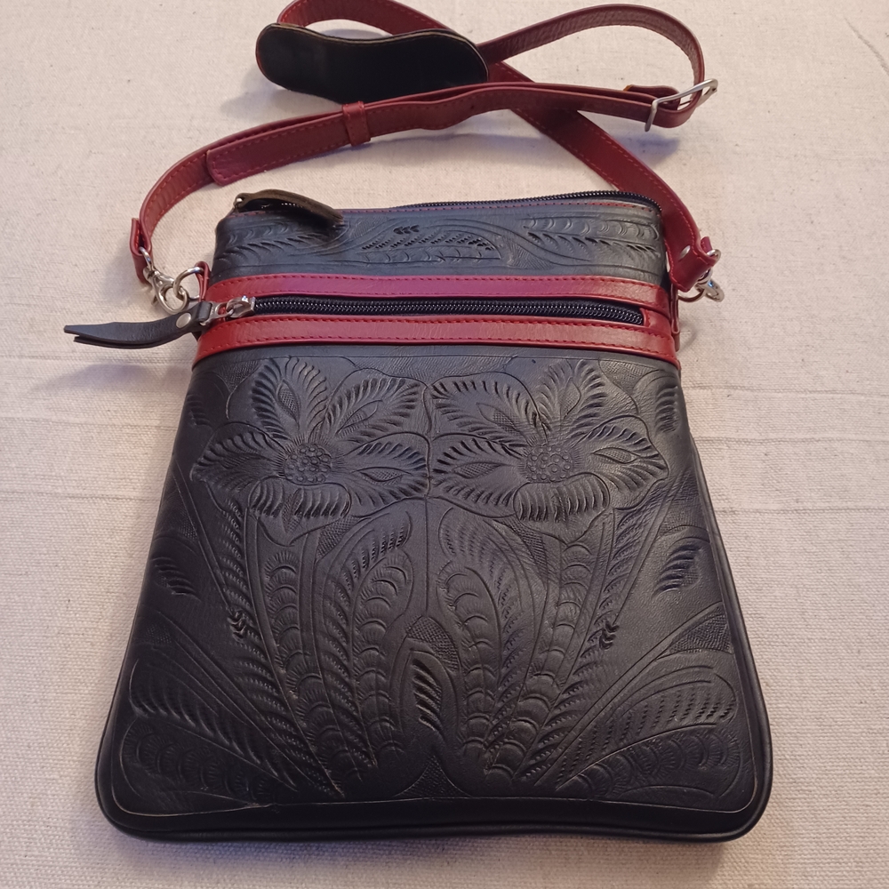 JL Saldivar Black and Red Embossed Crossbody Bag